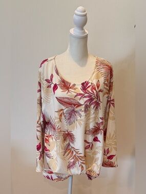Lightweight Floral Scoop Neck Top - Cream with Pink & Orange Prints